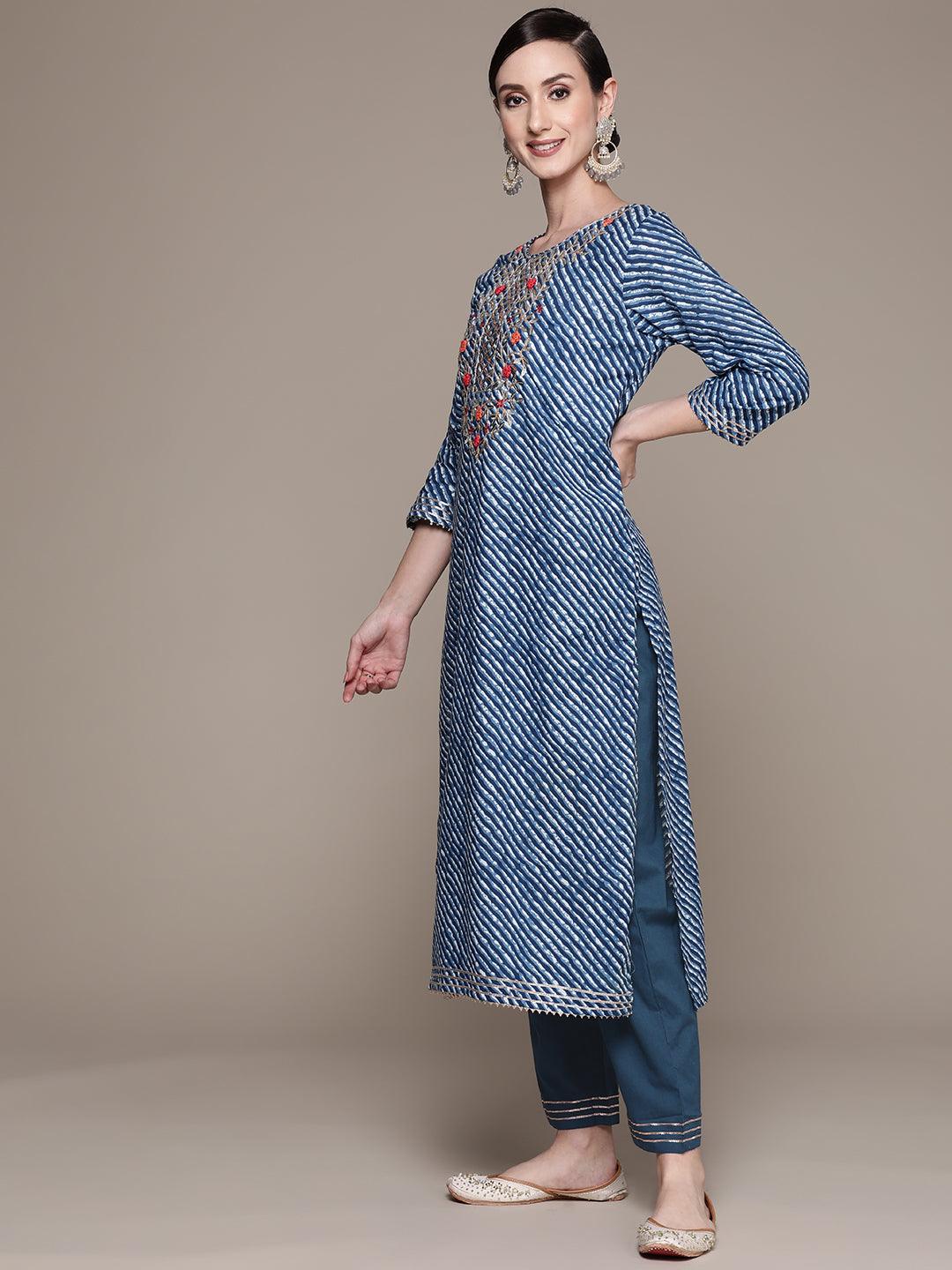 Women's Cotton Blue Embroidered A-Line Kurta With Trouser & Dupatta - Ishin - Indiakreations