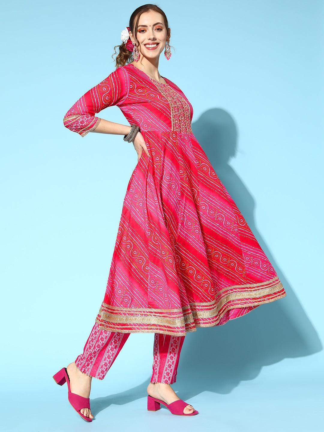 Women's Cotton Pink Embroidered Anarkali Kurta With Trouser & Dupatta - Ishin - Indiakreations