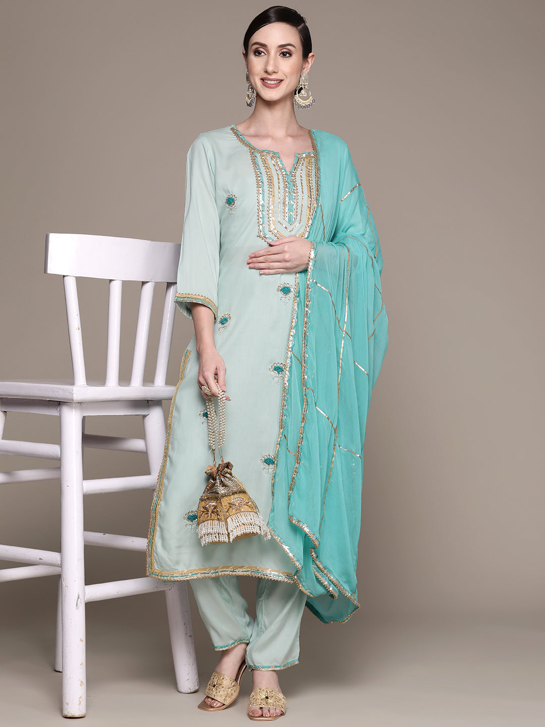 Women's Rayon Sea Green Embroidered A-Line Kurta With Trouser & Dupatta - Ishin