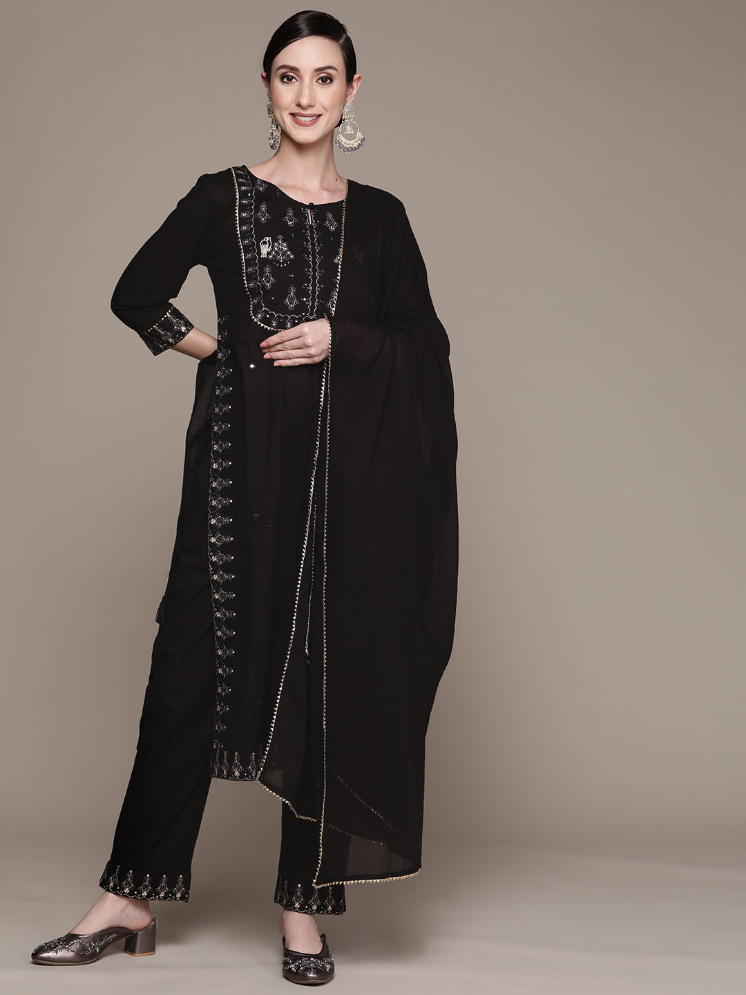 Women's Cotton Black Embroidered A-Line Kurta With Trouser & Dupatta - Ishin