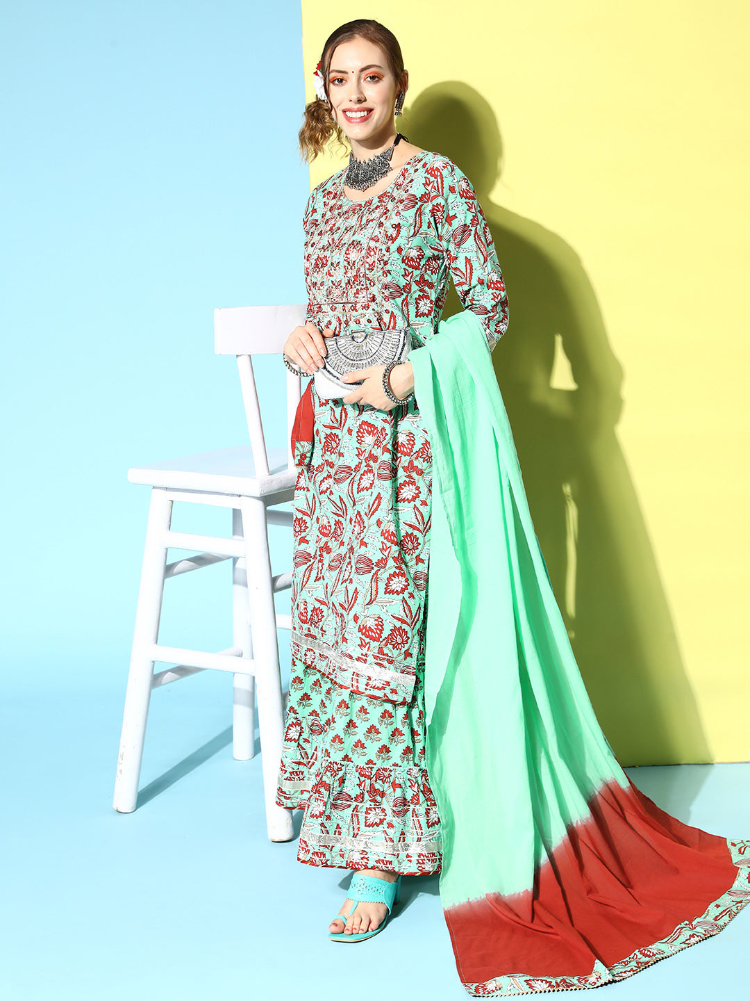 Women's Cotton Sea Green Embroidered A-Line Kurta With Sharara & Dupatta - Ishin