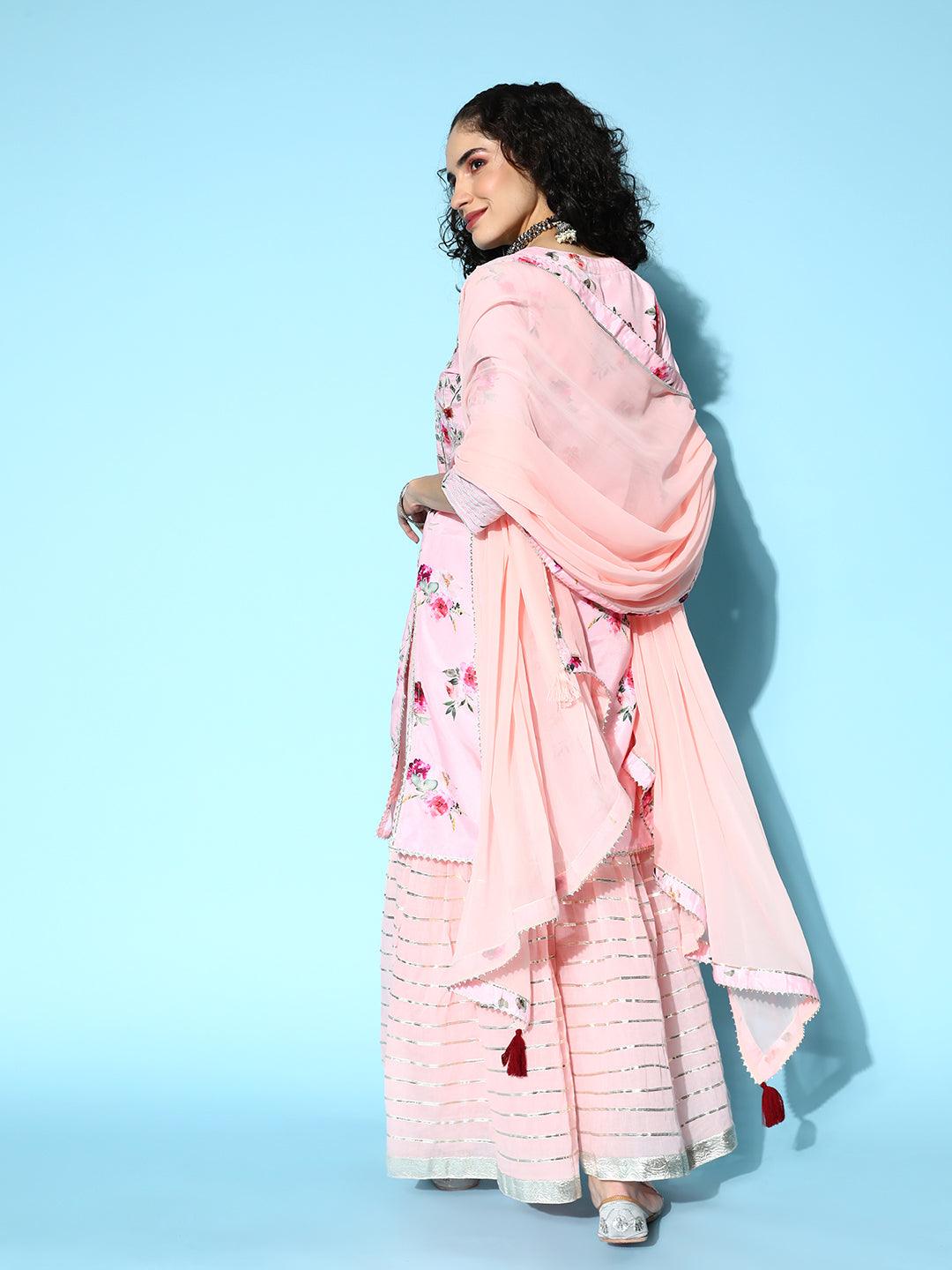 Women's Silk Blend Pink Embroidered A-Line Kurta With Sharara & Dupatta - Ishin - Indiakreations