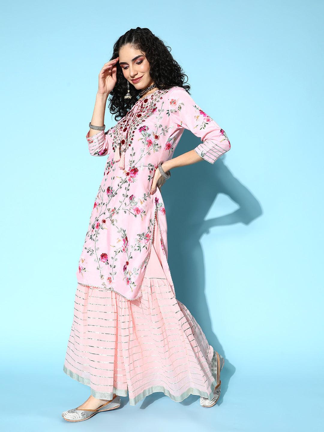 Women's Silk Blend Pink Embroidered A-Line Kurta With Sharara & Dupatta - Ishin - Indiakreations