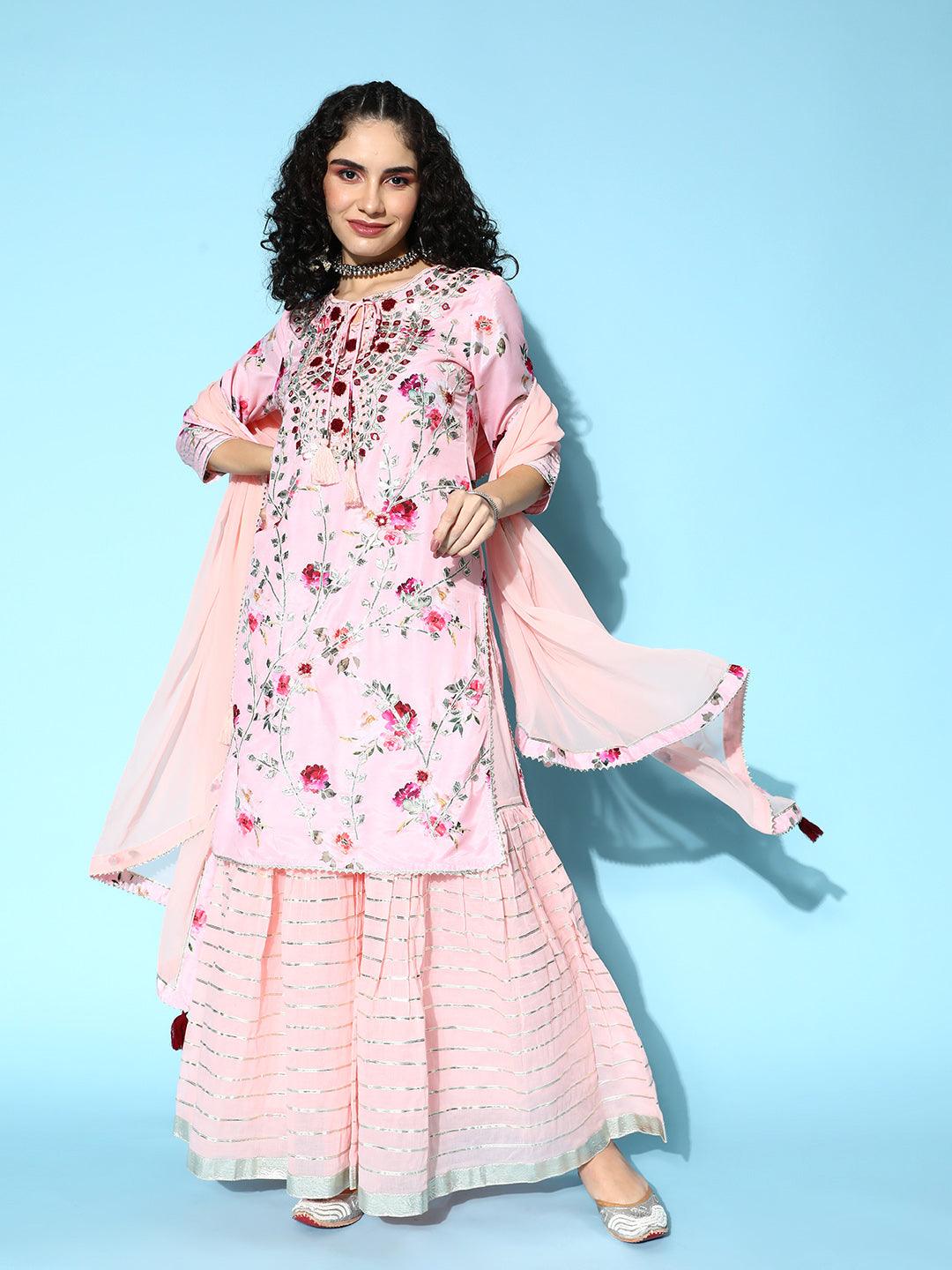 Women's Silk Blend Pink Embroidered A-Line Kurta With Sharara & Dupatta - Ishin - Indiakreations