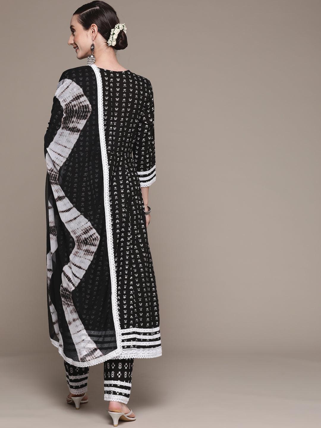 Women's Black & White Embroidered Anarkali Kurta With Trouser & Dupatta - Ishin - Indiakreations