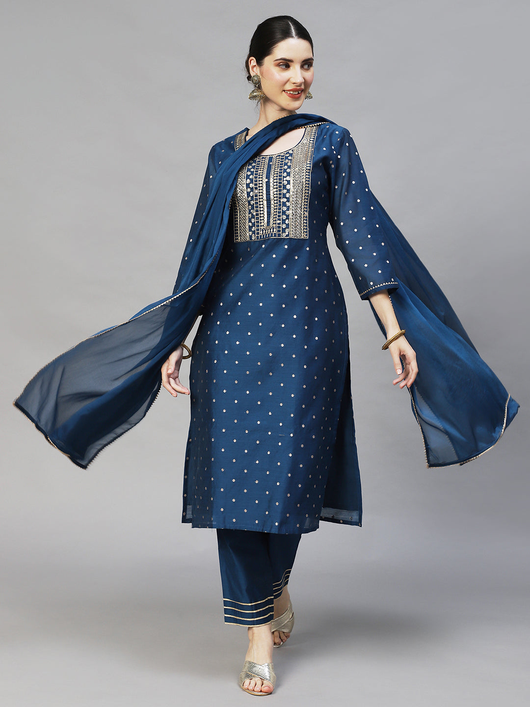 Women's Silk Blend A-Line Embroidered Sequinned Kurta Suit Set With Dupatta & Trousers - Ishin