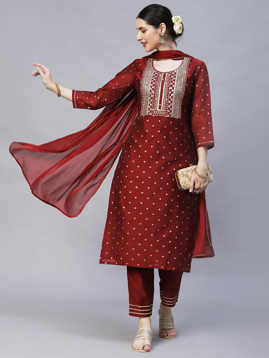 Women's Silk Blend Straight Yoke Design Sequinned Kurta Suit Set With Dupatta & Trousers - Ishin