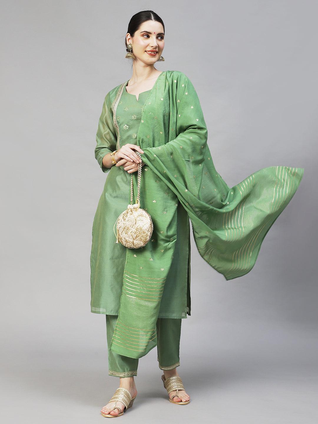 Women's Silk Blend Straight Yoke Design Zari Kurta Suit Set With Dupatta & Trousers - Ishin - Indiakreations