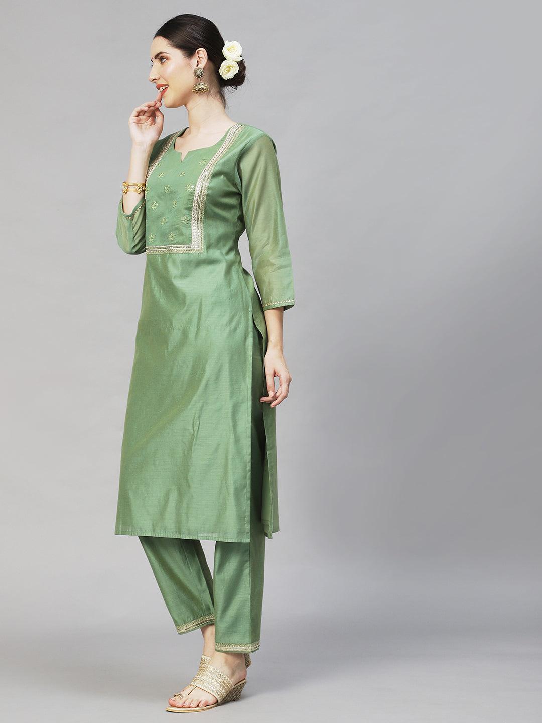 Women's Silk Blend Straight Yoke Design Zari Kurta Suit Set With Dupatta & Trousers - Ishin - Indiakreations