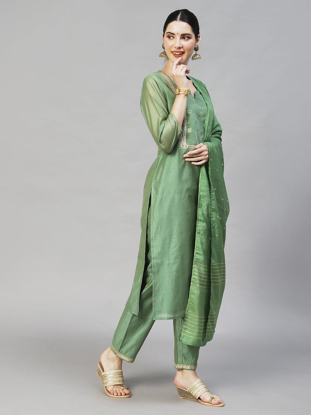 Women's Silk Blend Straight Yoke Design Zari Kurta Suit Set With Dupatta & Trousers - Ishin - Indiakreations