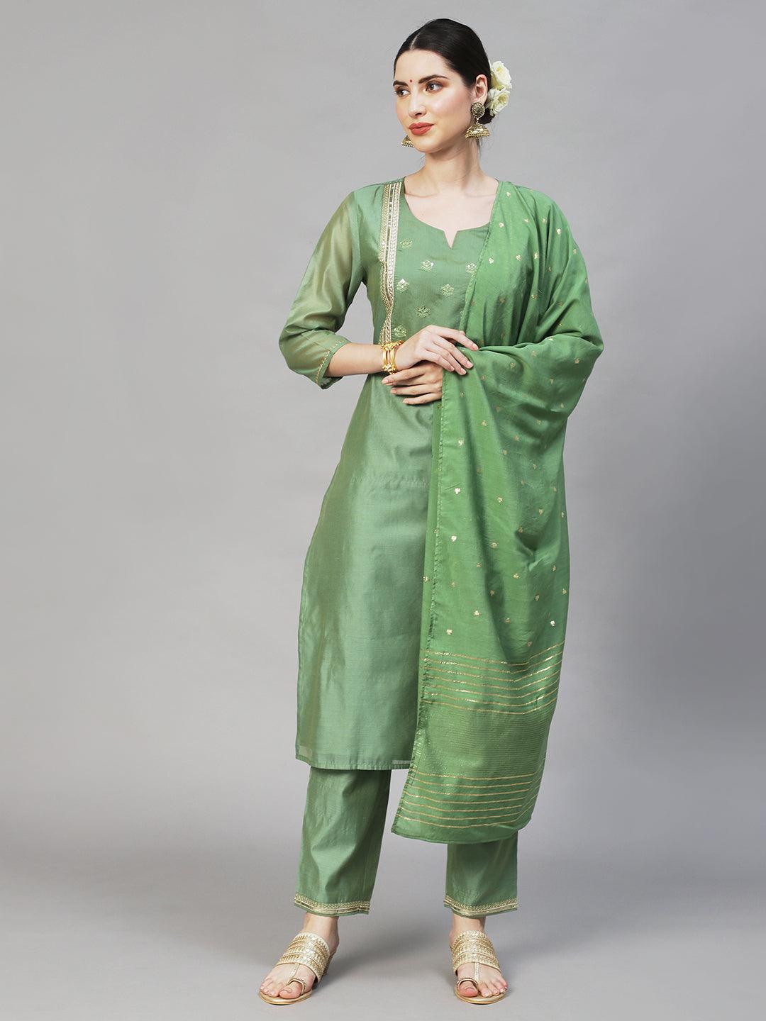 Women's Silk Blend Straight Yoke Design Zari Kurta Suit Set With Dupatta & Trousers - Ishin - Indiakreations