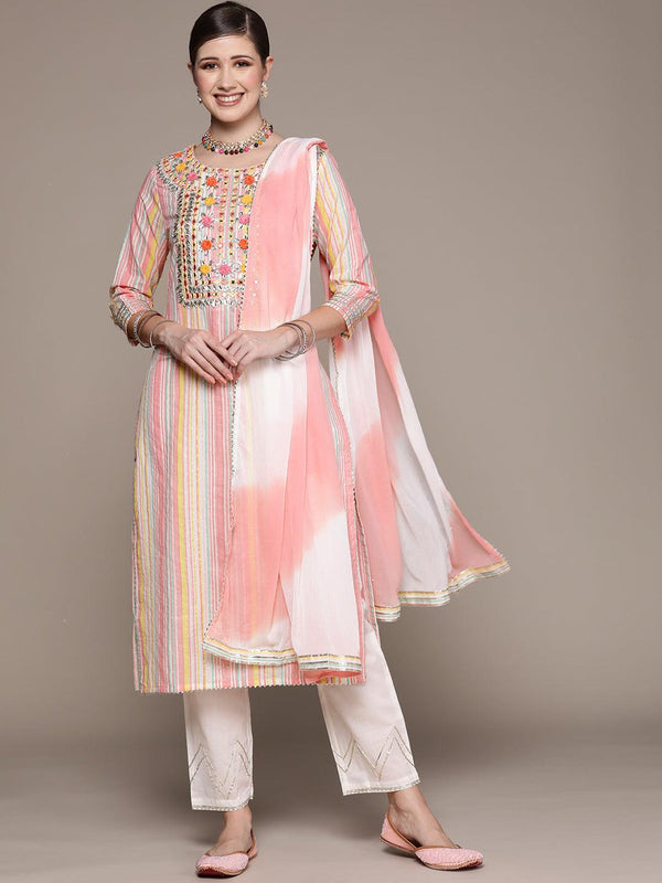 Women's Multicolor Embroidered A-Line Kurta With Trouser & Dupatta - Ishin - Indiakreations