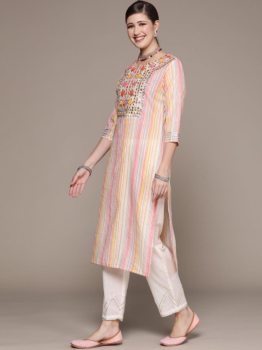 Women's Multicolor Embroidered A-Line Kurta With Trouser & Dupatta - Ishin - Indiakreations