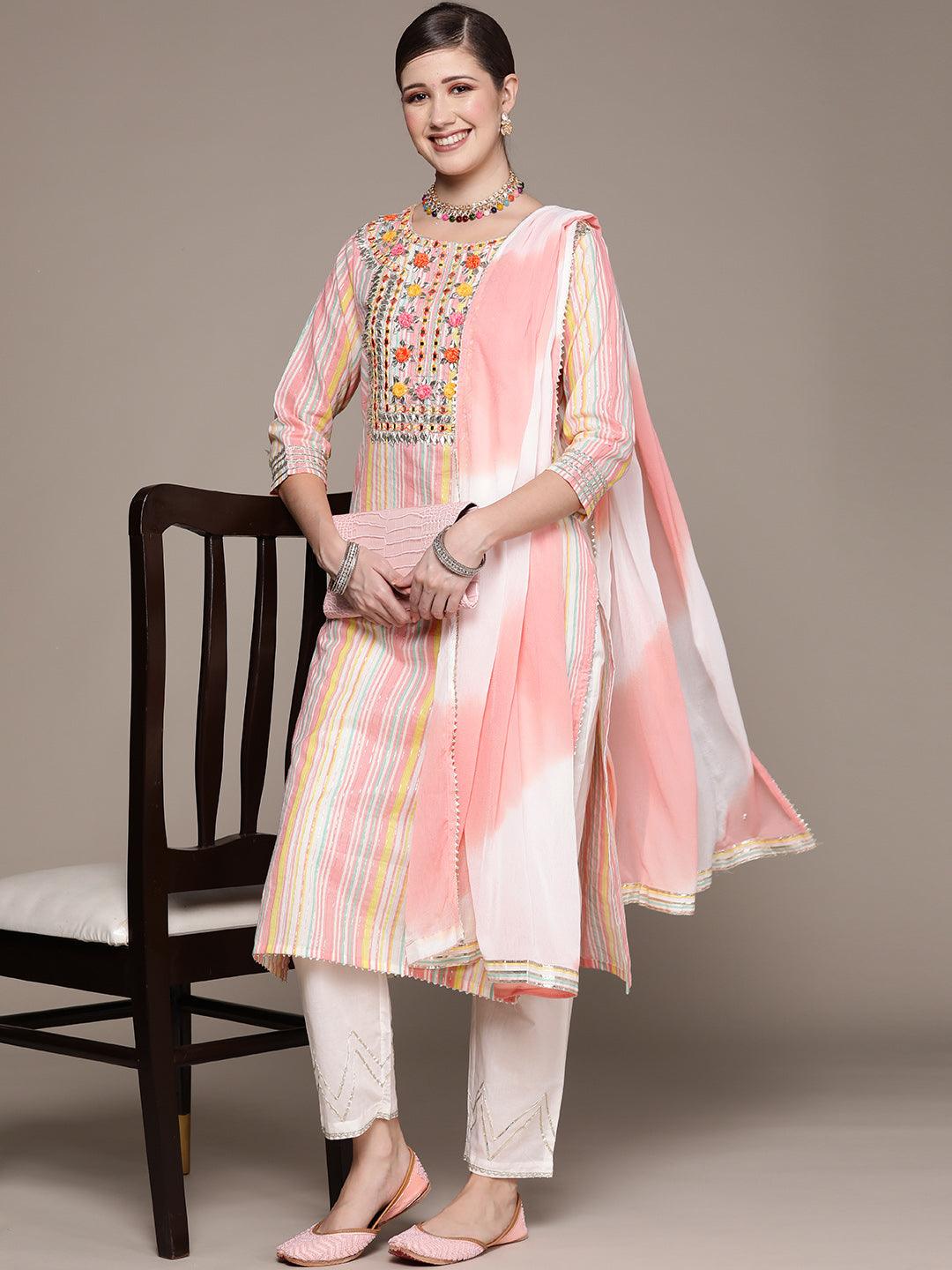 Women's Multicolor Embroidered A-Line Kurta With Trouser & Dupatta - Ishin - Indiakreations