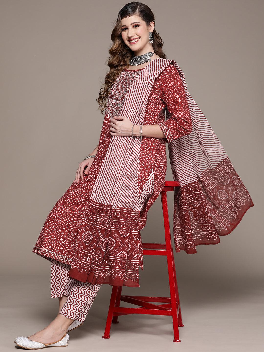 Women's Maroon Embroidered A-Line Kurta With Trouser & Dupatta - Ishin - Indiakreations