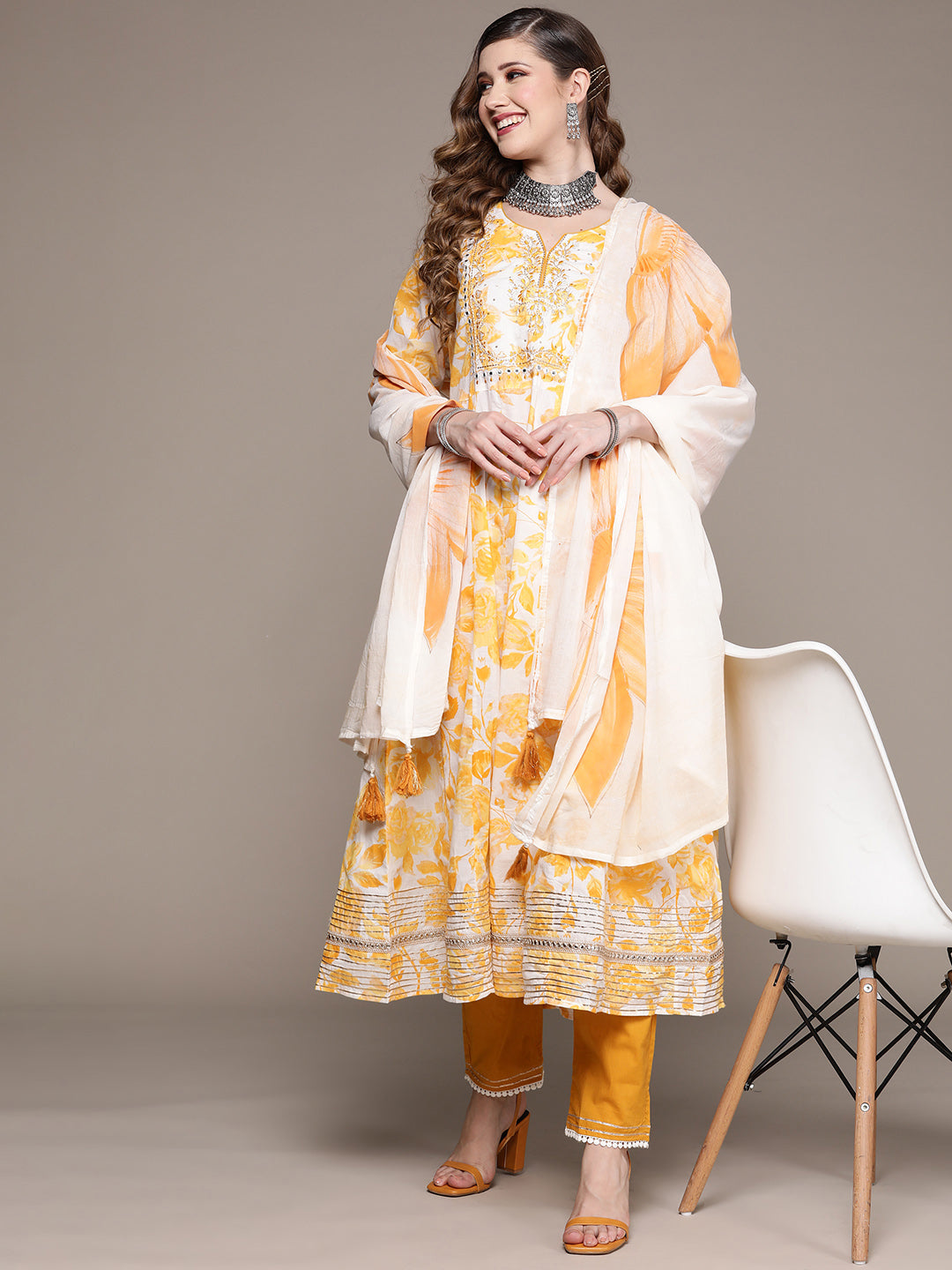 Women's Yellow Yoke Design Anarkali Kurta With Trouser & Dupatta - Ishin