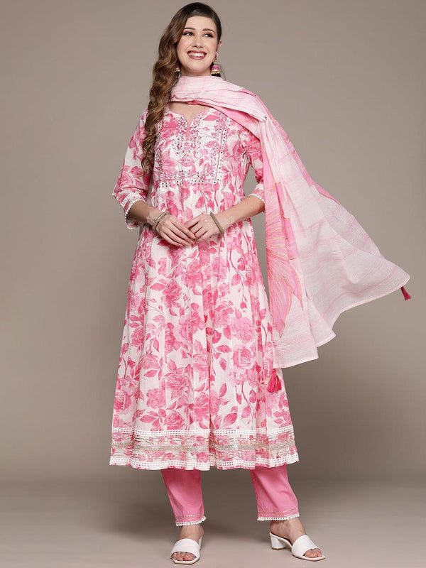 Women's Pink Yoke Design Anarkali Kurta With Trouser & Dupatta - Ishin - Indiakreations