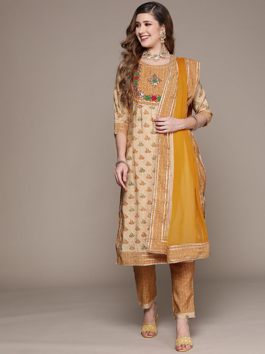 Women's Mustard Yoke Design A-Line Kurta With Trouser & Dupatta - Ishin - Indiakreations