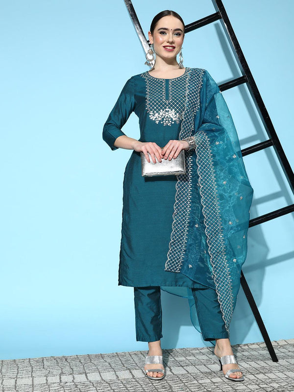 Women's Silk Blend Teal Embroidered A-Line Kurta Trouser Dupatta Set - Ishin - Indiakreations