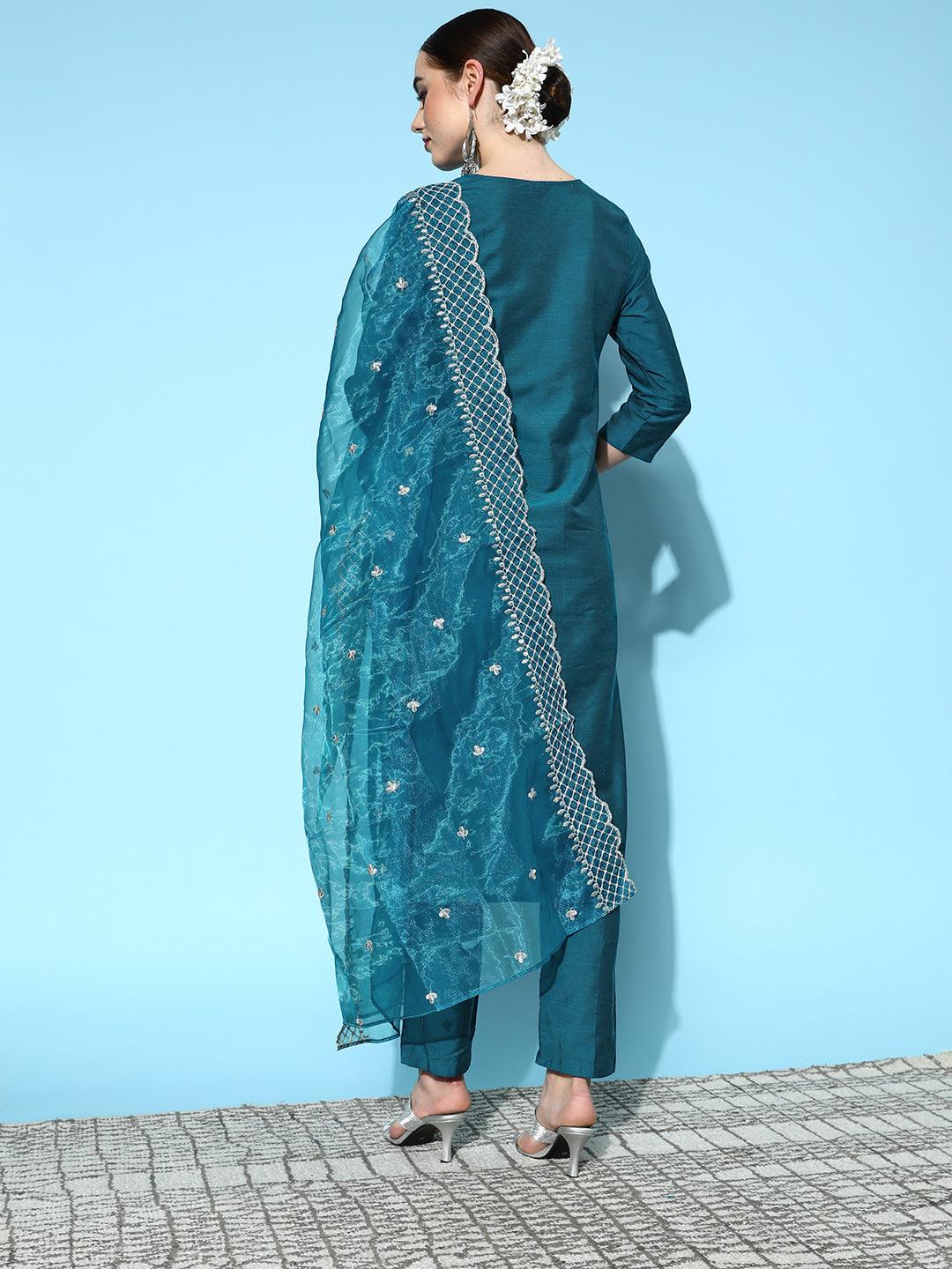 Women's Silk Blend Teal Embroidered A-Line Kurta Trouser Dupatta Set - Ishin - Indiakreations