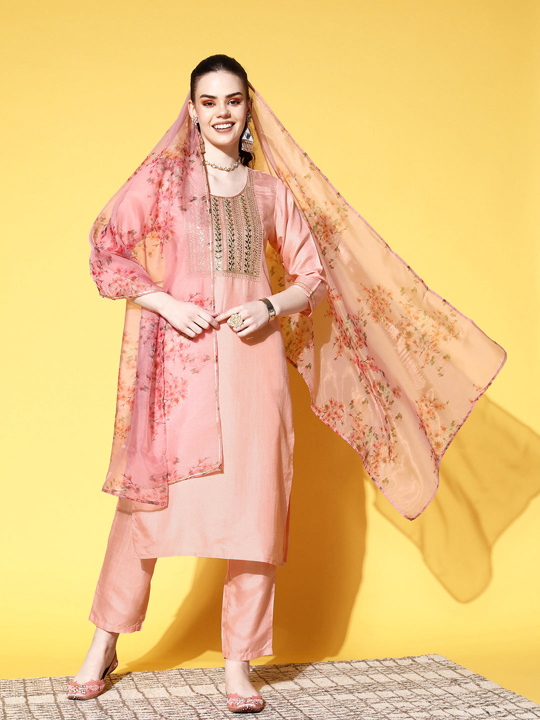 Women's Silk Blend Peach Yoke Design A-Line Kurta Trouser Dupatta Set - Ishin