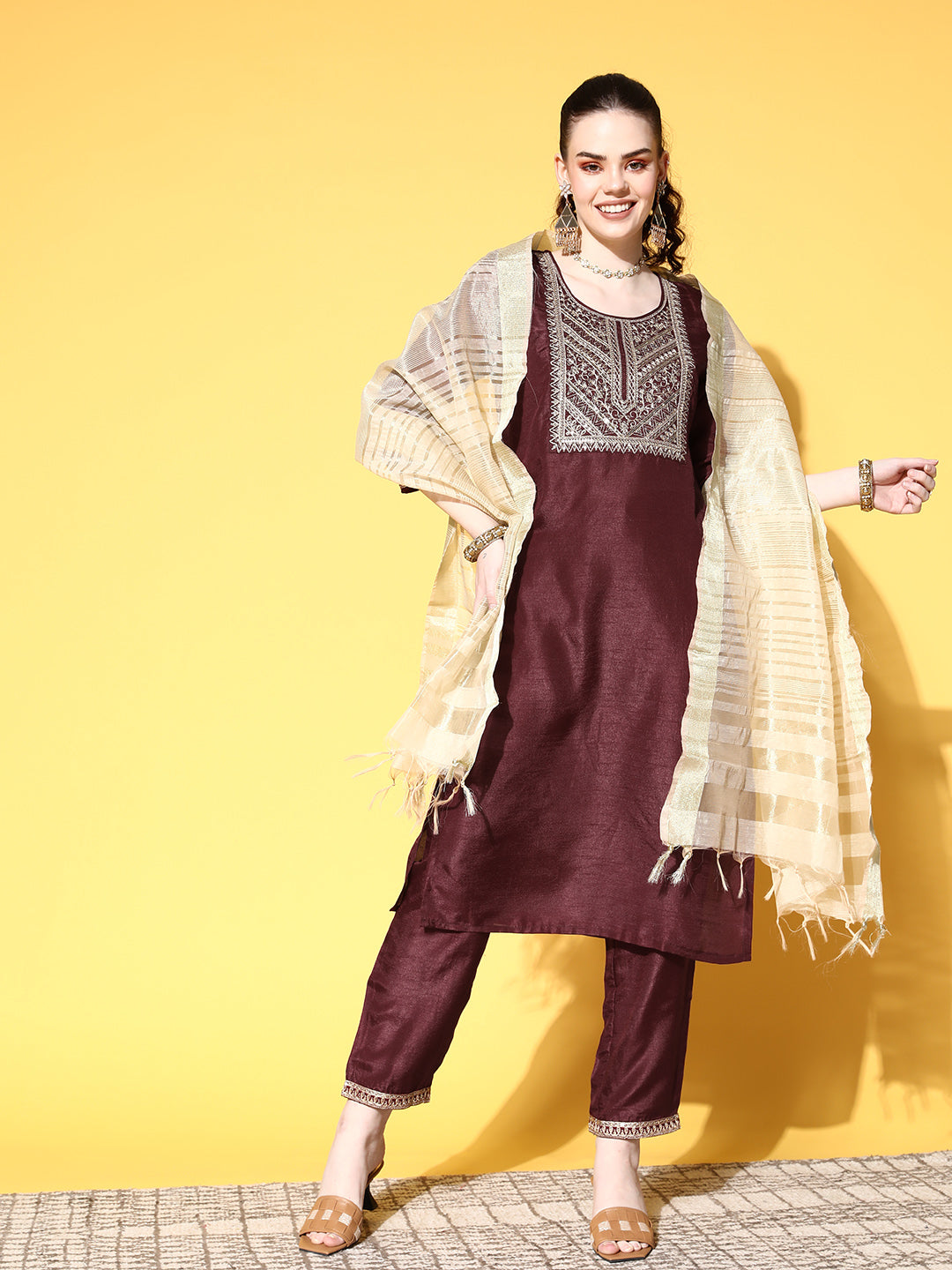 Women's Silk Blend Burgundy Yoke Design A-Line Kurta Trouser Dupatta Set - Ishin