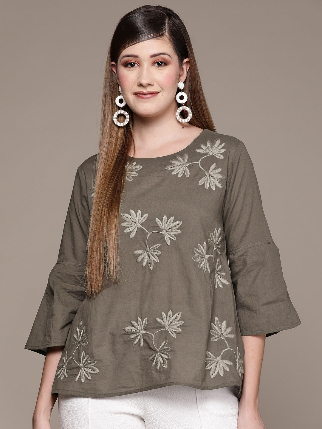 Women's Olive Embroidered A-Line Top - Ishin