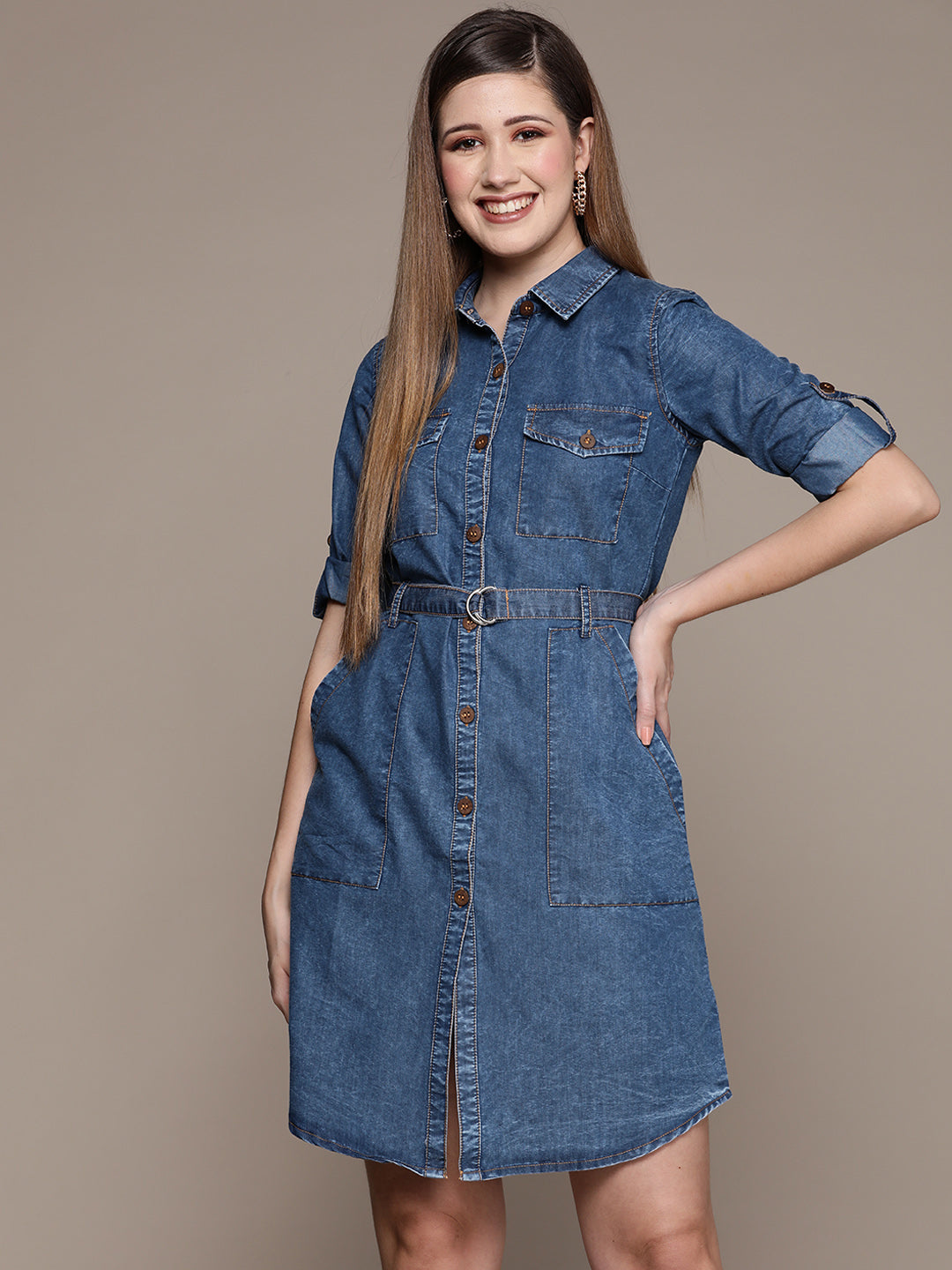 Women's Blue Denim Shirt Style Dress - Ishin