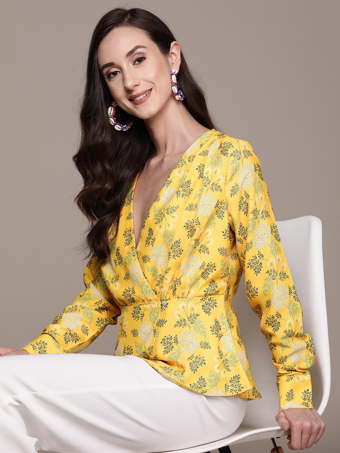 Women's Yellow Printed Wrap Top - Ishin - Indiakreations