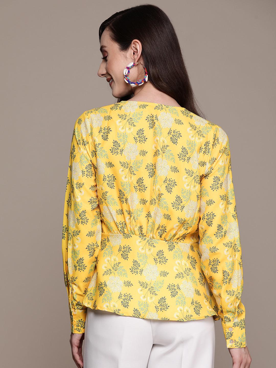 Women's Yellow Printed Wrap Top - Ishin - Indiakreations