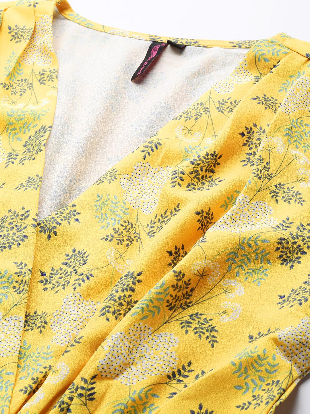 Women's Yellow Printed Wrap Top - Ishin - Indiakreations