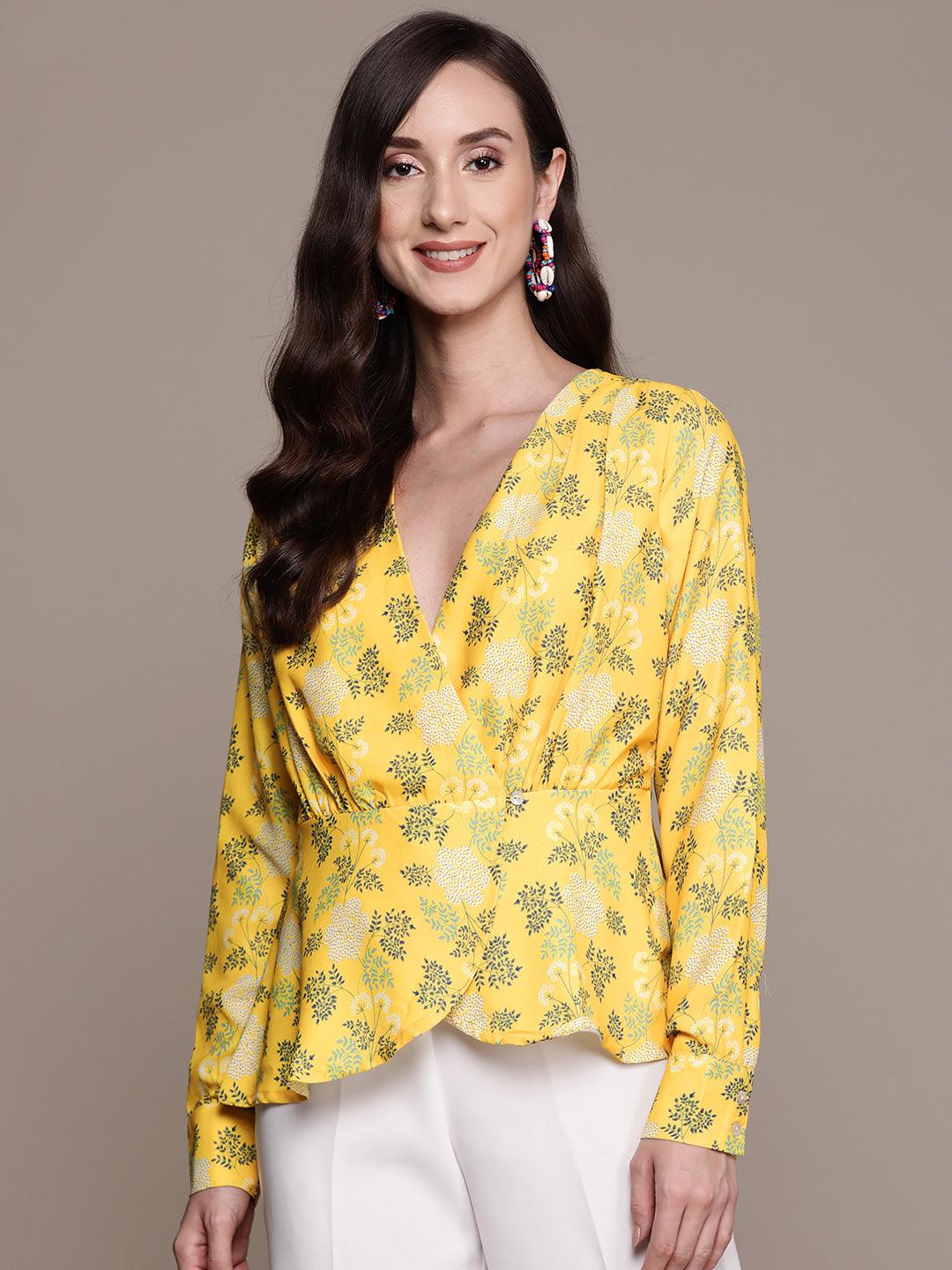 Women's Yellow Printed Wrap Top - Ishin - Indiakreations