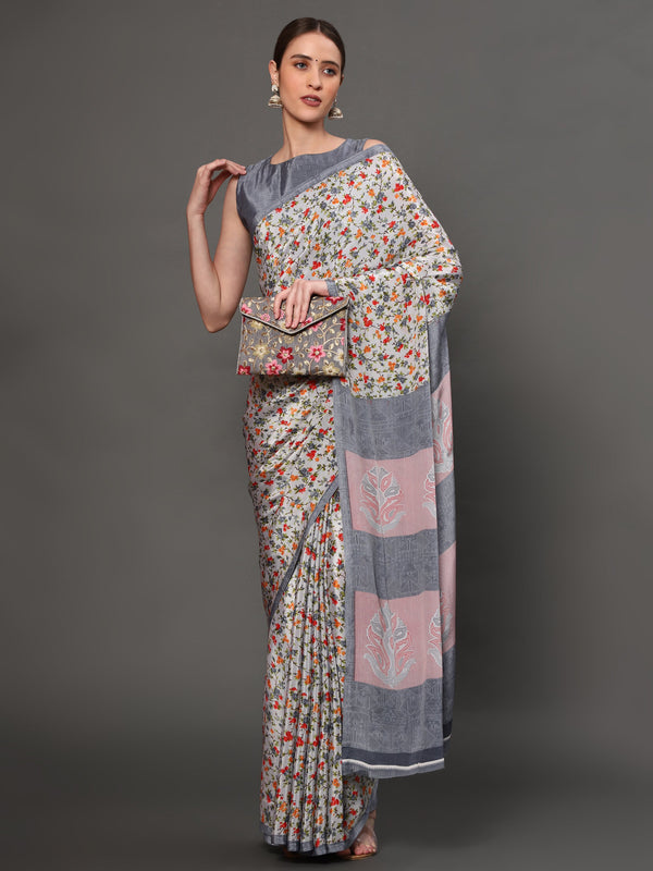 Women's Grey Color Beautiful Ethnic Wear Printed  Saree - AAISHREE