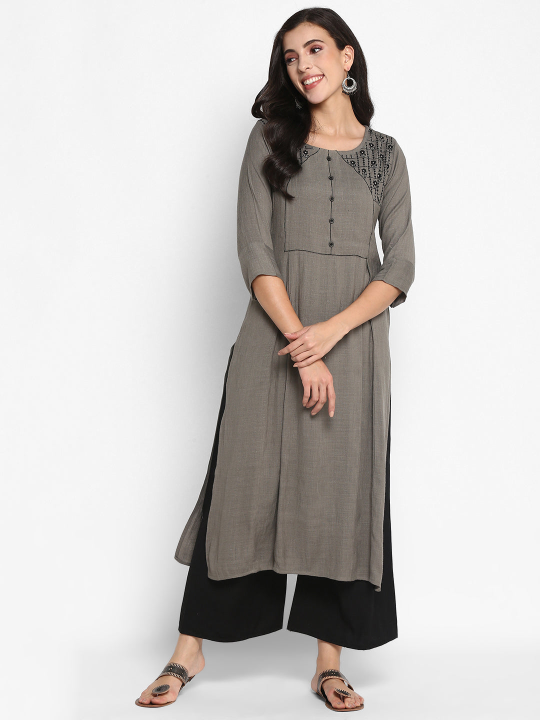 Women's Sliver Color Embroidery Rayon Blend  Solid Straight Kurta - Vaaba