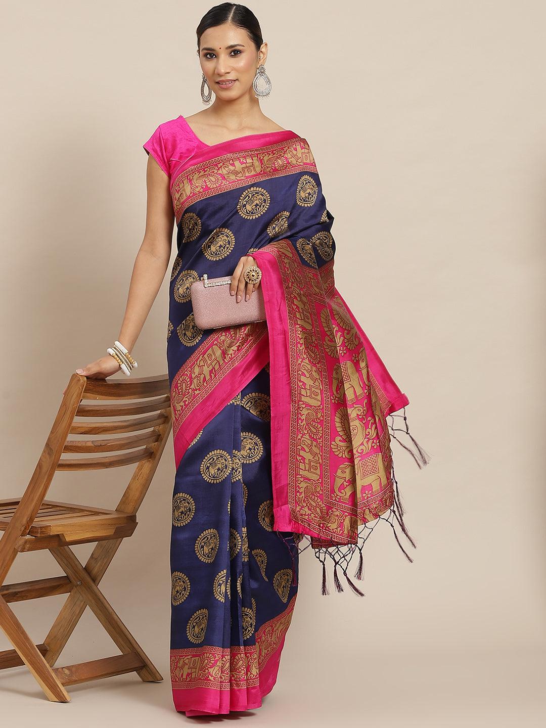 Women's Art Silk Navy Blue & Pinkprinted Mysore Silk Saree With Blouse Piece - Ishin - Indiakreations