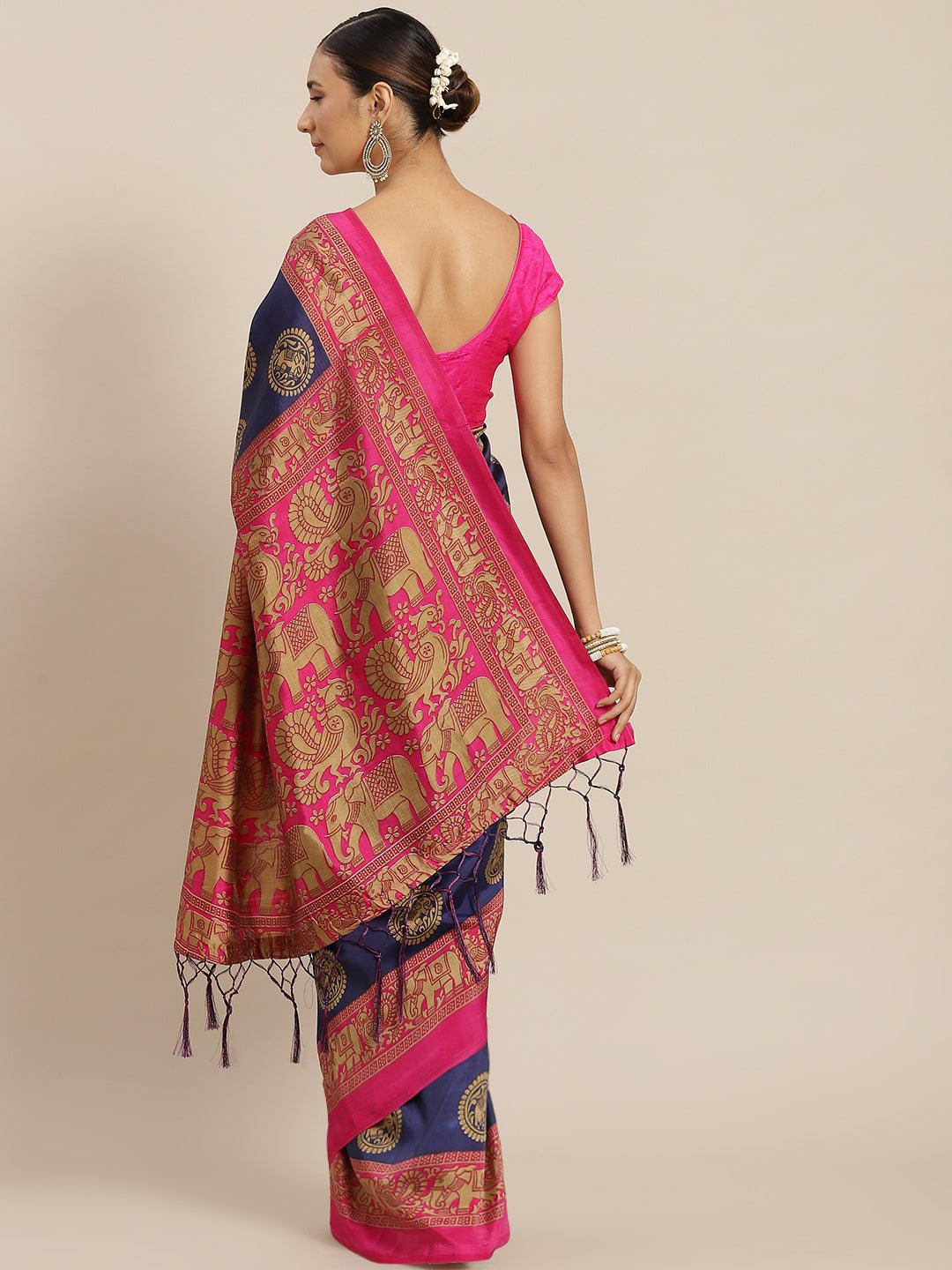 Women's Art Silk Navy Blue & Pinkprinted Mysore Silk Saree With Blouse Piece - Ishin - Indiakreations