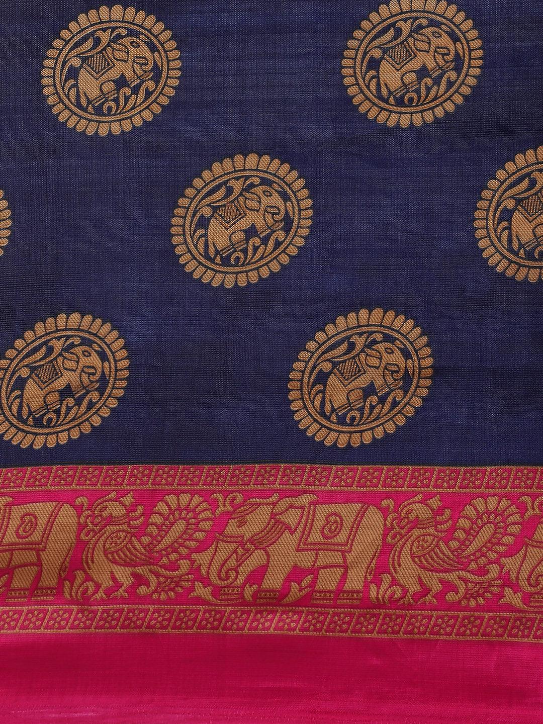 Women's Art Silk Navy Blue & Pinkprinted Mysore Silk Saree With Blouse Piece - Ishin - Indiakreations