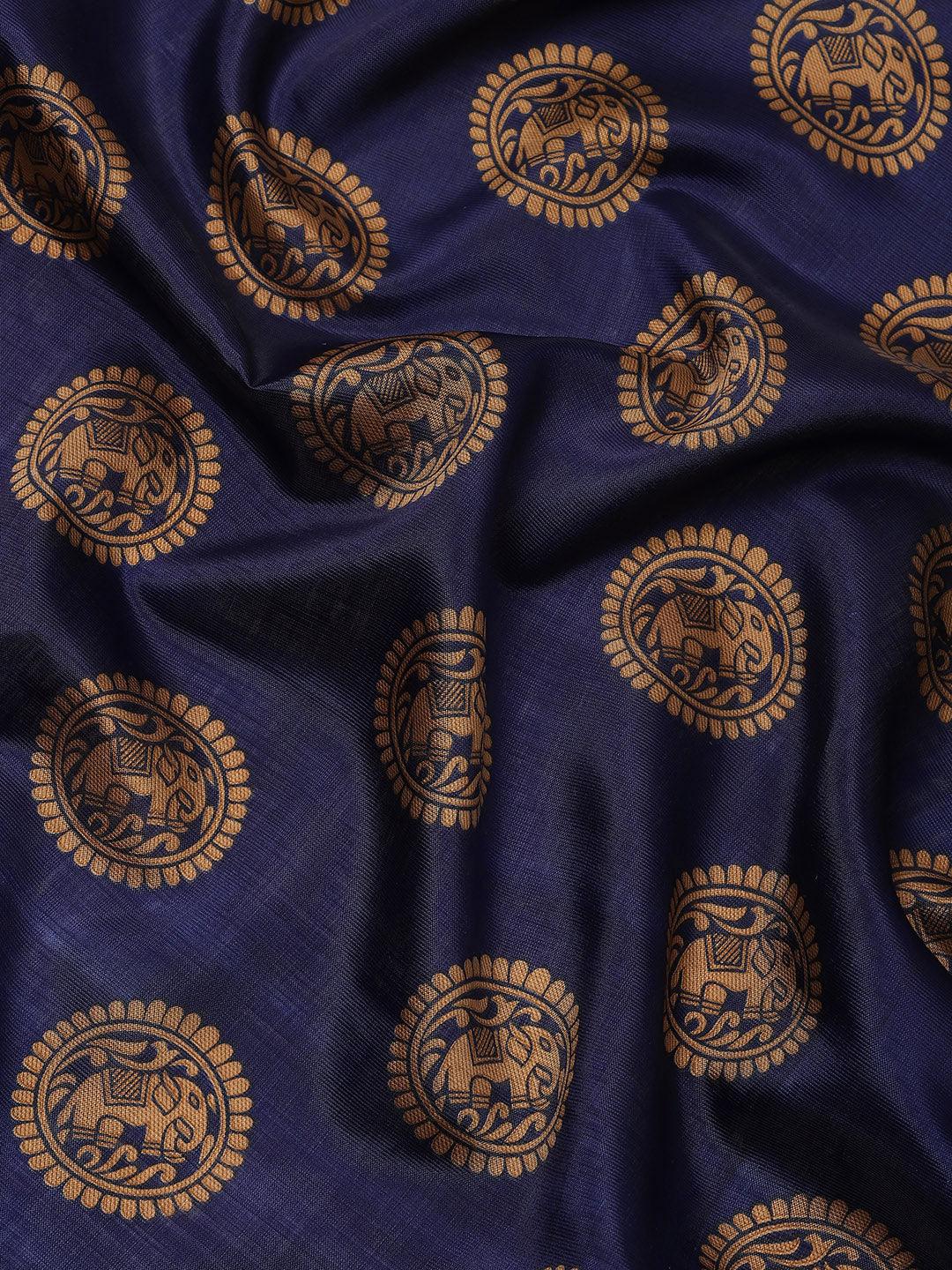 Women's Art Silk Navy Blue & Pinkprinted Mysore Silk Saree With Blouse Piece - Ishin - Indiakreations