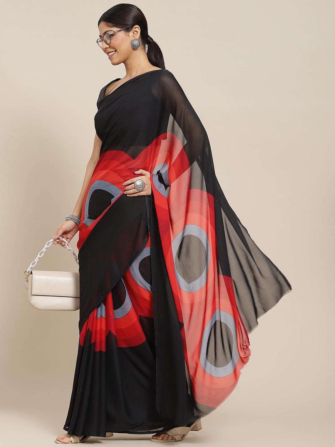 Women's Poly Georgette Black Printed Sarees With Blouse Piece - Ishin - Indiakreations