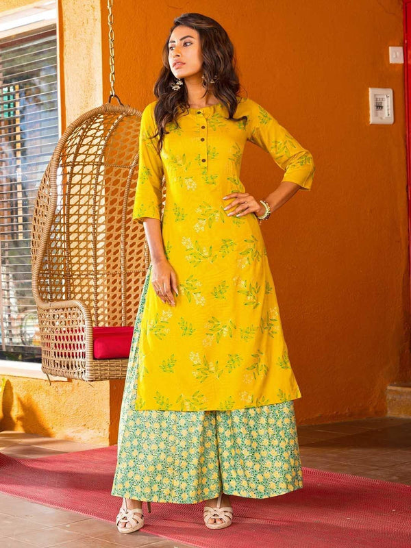 Women's Lemon Yellow Rayon Slub Kurta With Palazzo-Mansa - Indiakreations