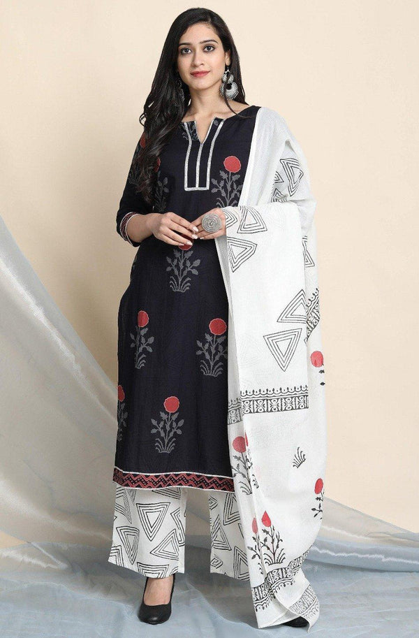 Women's Black Cotton Kurta With Palazzo And Dupatta-Mansa - Indiakreations