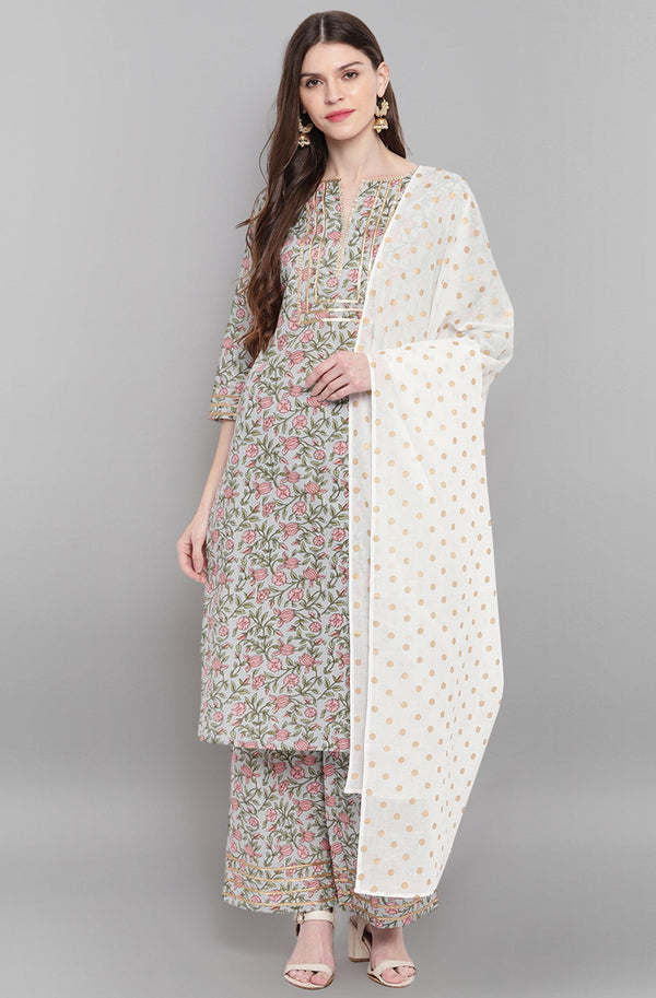 Women's Multicolor Cotton Floral Print Kurta With Palazzo And Dupatta - Mansa - Indiakreations