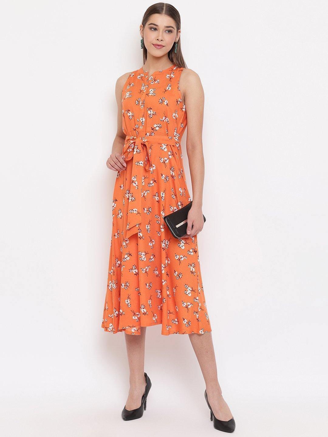 Women's Orange Rayon Western Dress-Mansa - Indiakreations