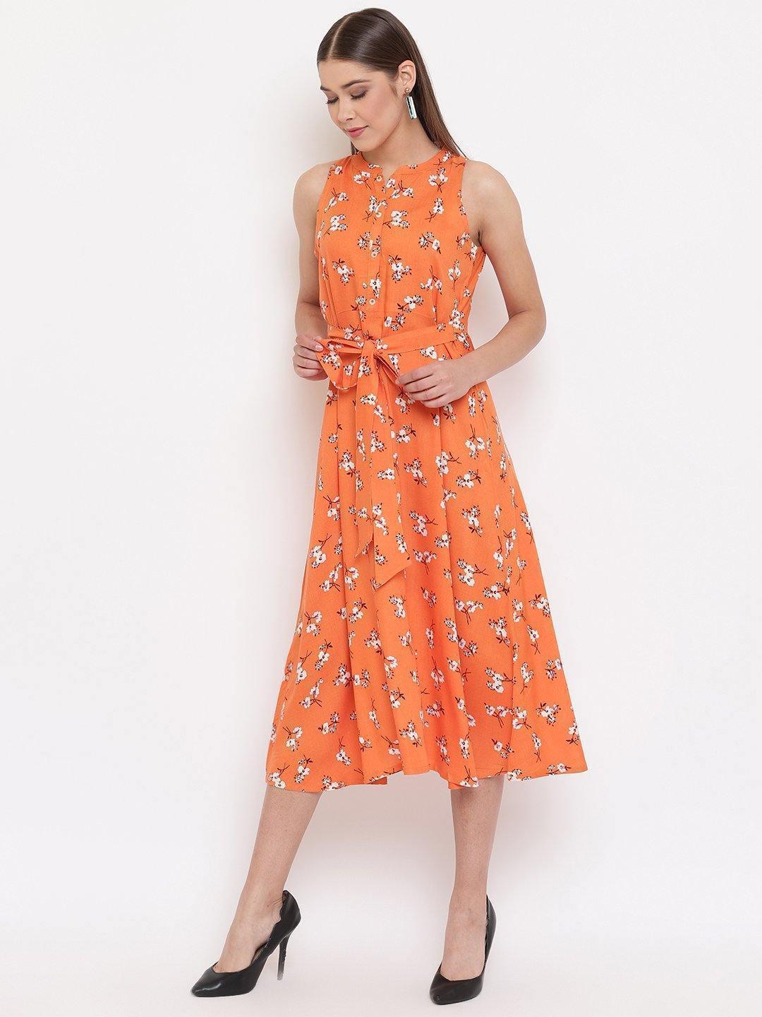 Women's Orange Rayon Western Dress-Mansa - Indiakreations