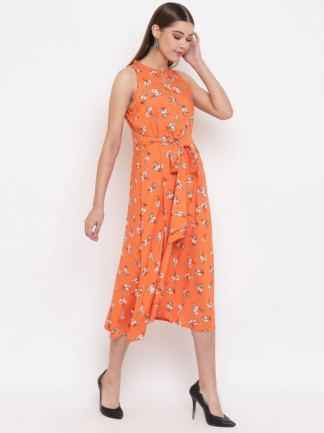 Women's Orange Rayon Western Dress-Mansa - Indiakreations