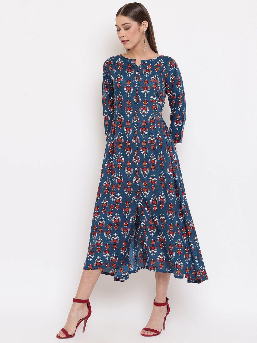 Women's Blue Rayon Western Dress-Mansa - Indiakreations