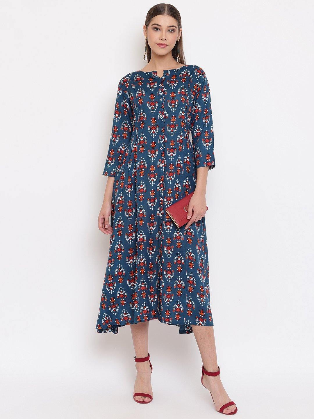 Women's Blue Rayon Western Dress-Mansa - Indiakreations