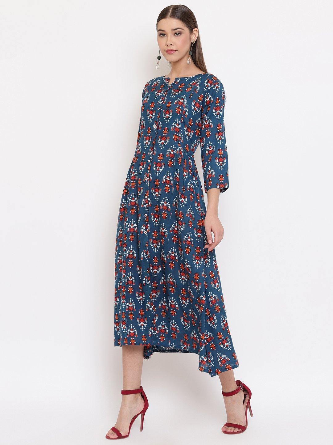 Women's Blue Rayon Western Dress-Mansa - Indiakreations