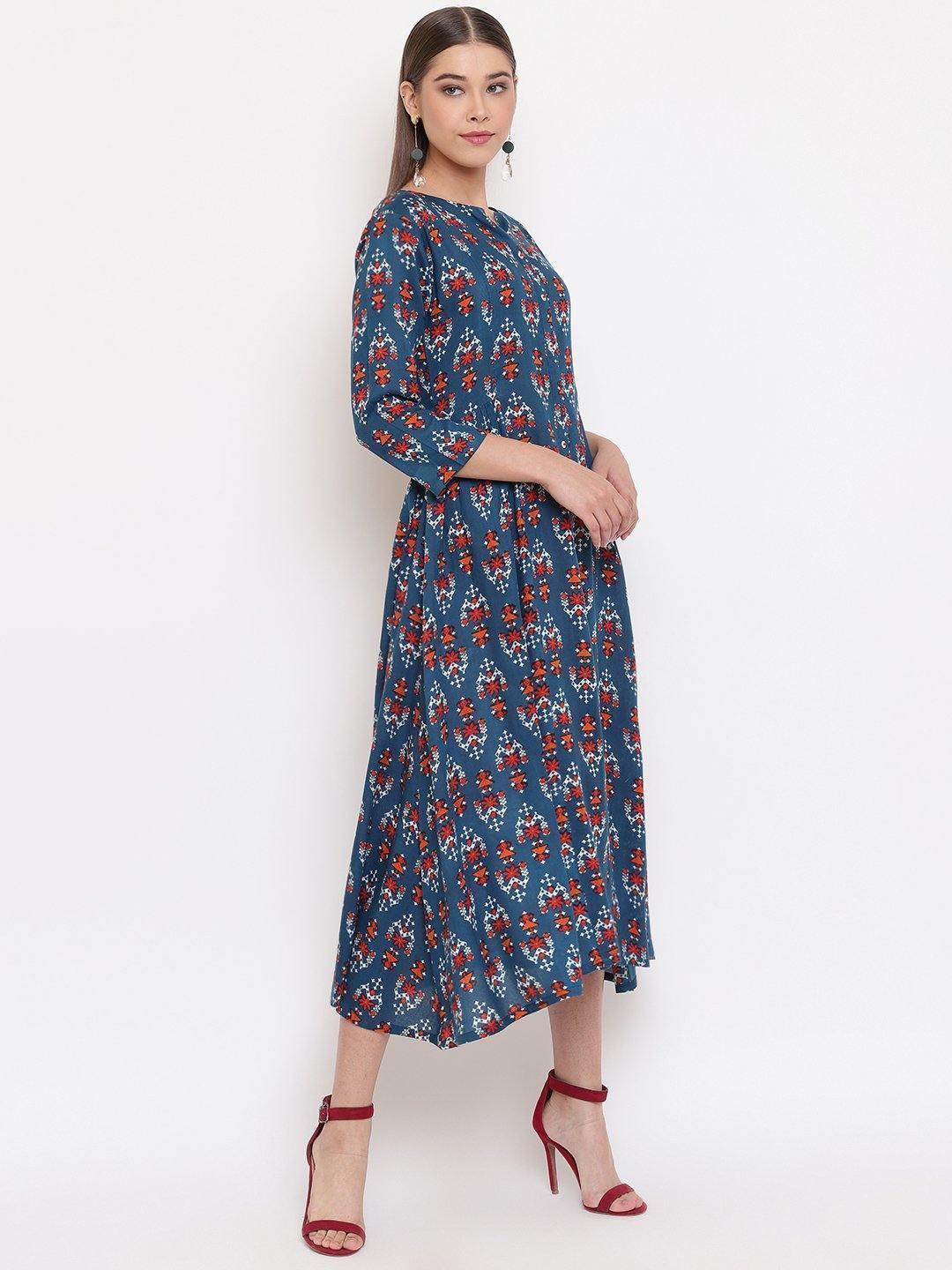 Women's Blue Rayon Western Dress-Mansa - Indiakreations