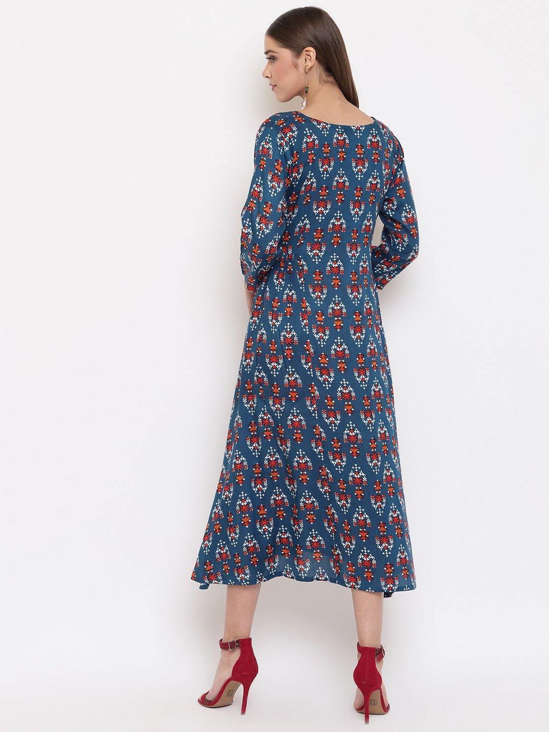 Women's Blue Rayon Western Dress-Mansa - Indiakreations